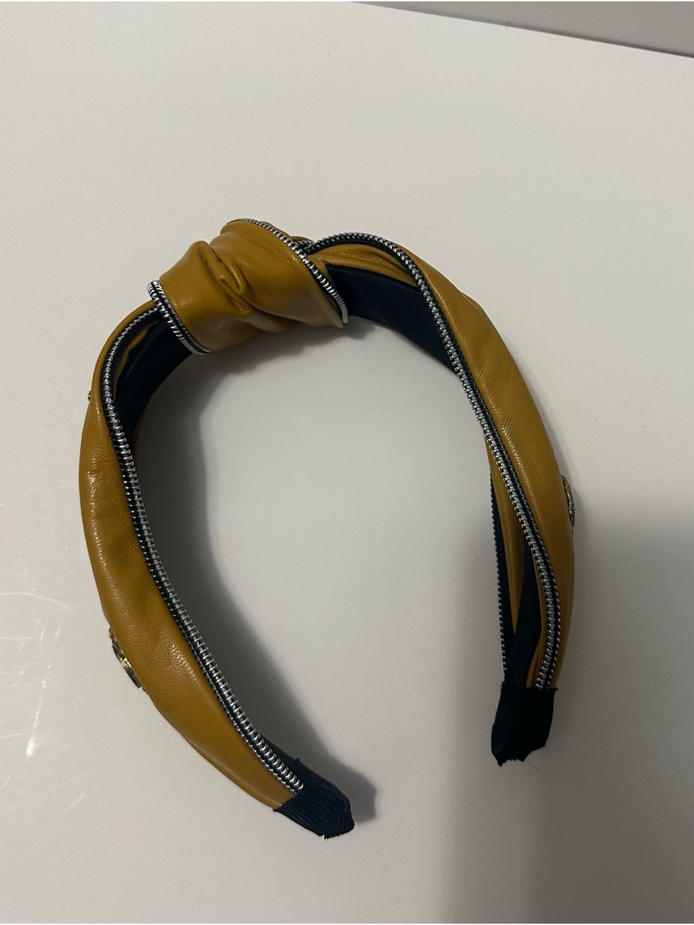 Knotted Faux Leather Headband in Mustard Yellow